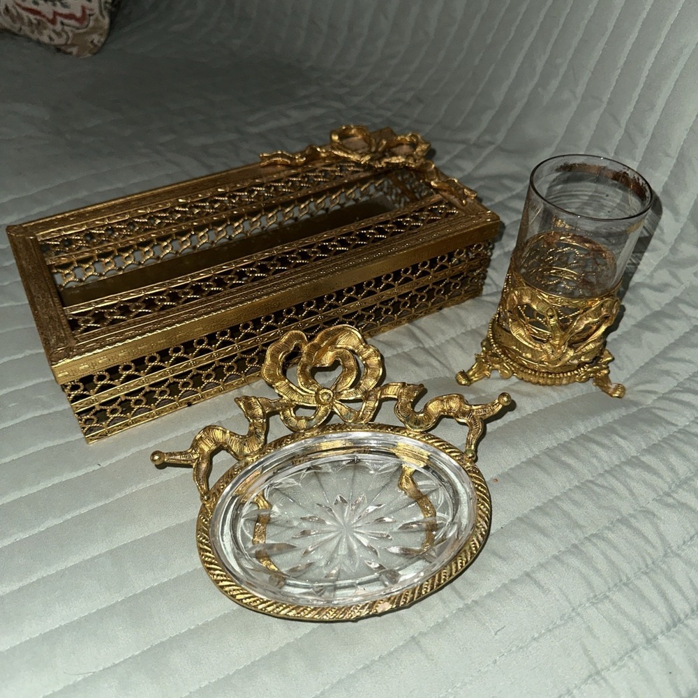 Vintage MCM Hollywood Regency Filigree Tissue Box, Soap Dish, Toothbrush Holder